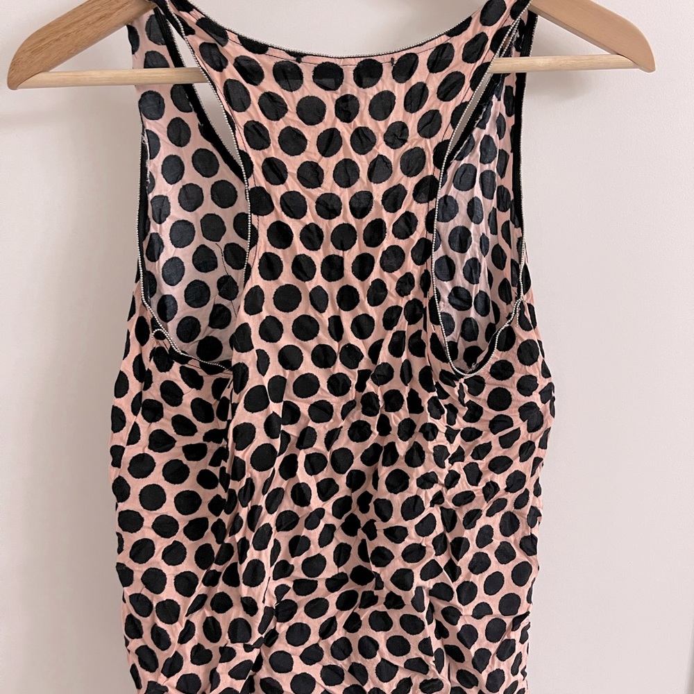 Pink Polka Dot racerback with pocket and beaded trim
